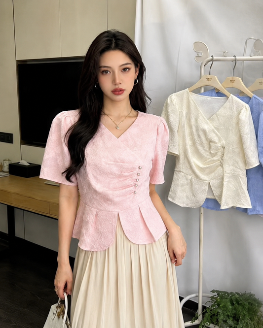 V-Neck Ruched Jacquard Peplum Top