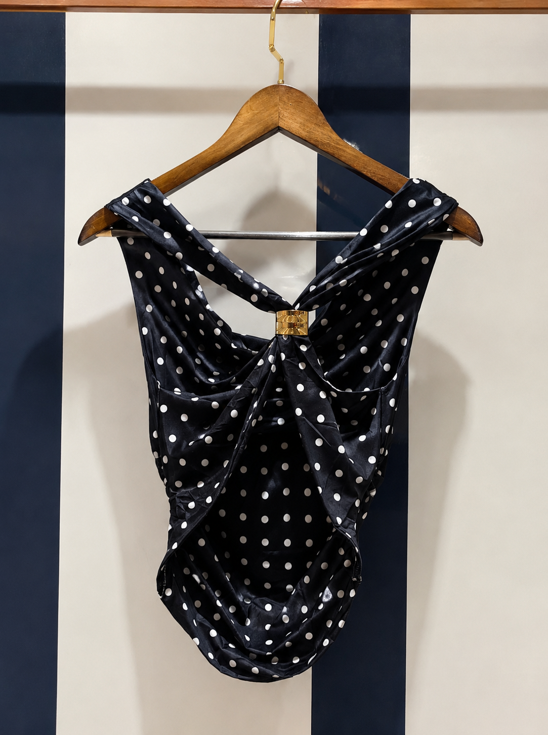 Polka Dot Cowl-Neck Ruched Top