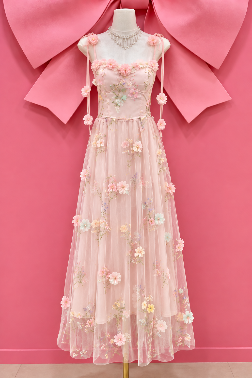 3D Floral Appliqué Embroidered Tulle Bustier Maxi Dress