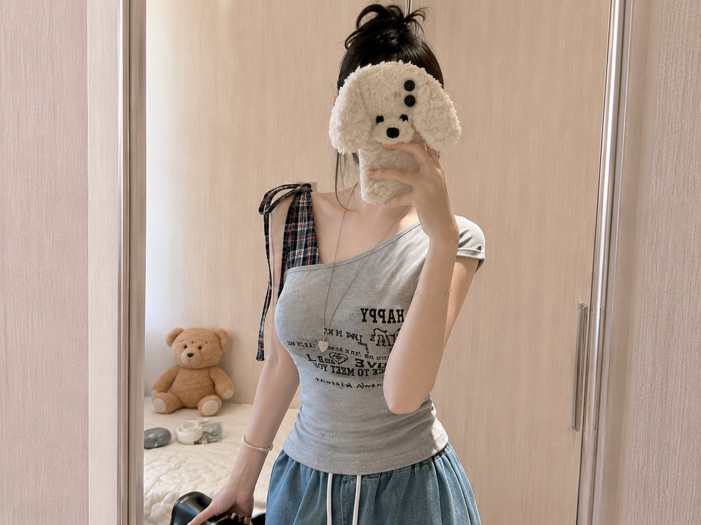 Asymmetrical Plaid Panel Graphic Tie-Strap Padded Top