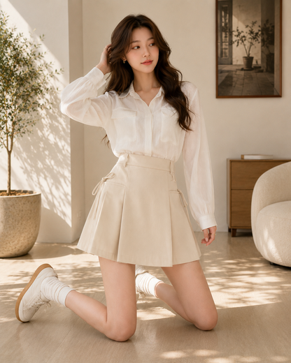 High-Waist Side-Tie Pleated Skort Mini Skirt