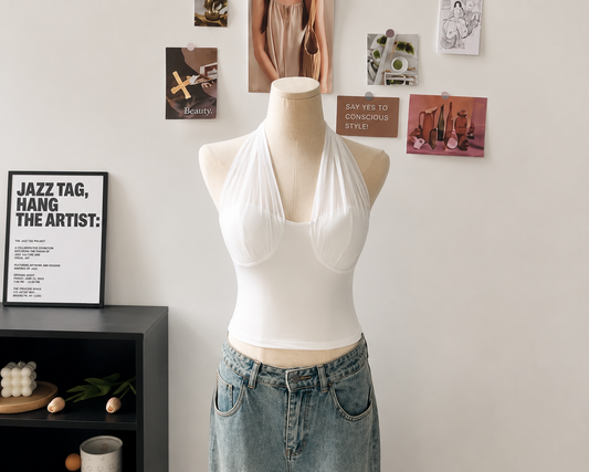 Sheer Mesh Draped Halter Padded Top