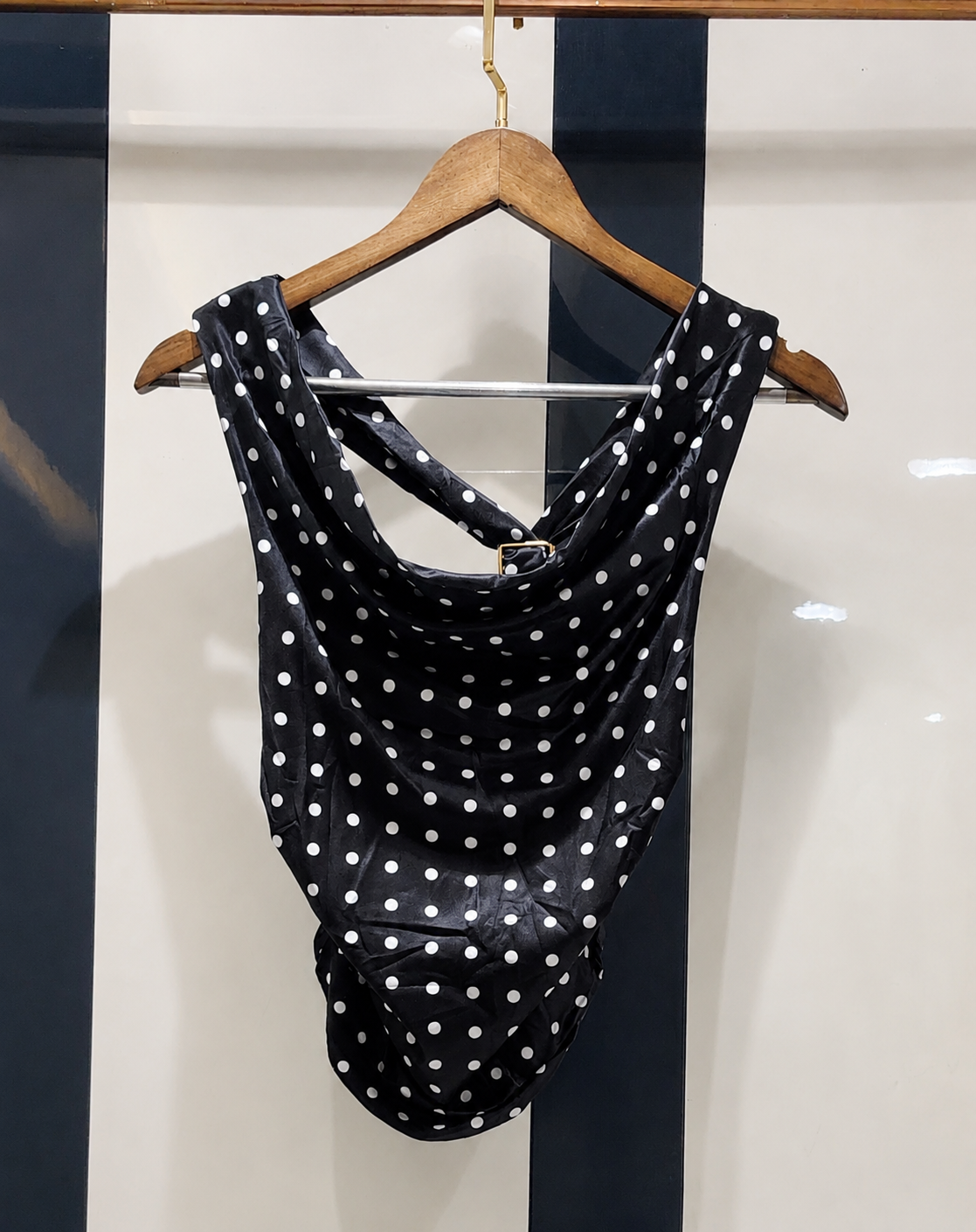 Polka Dot Cowl-Neck Ruched Top