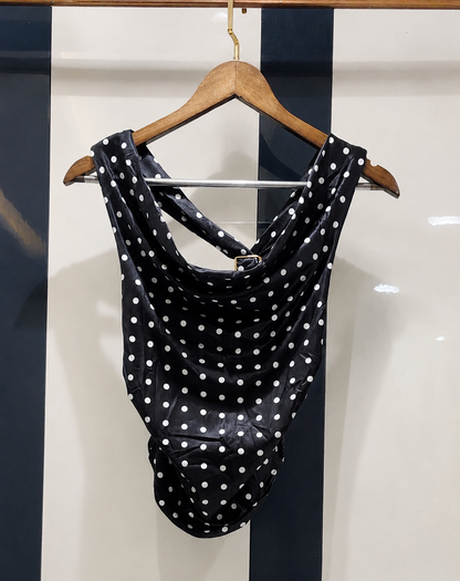 Polka Dot Cowl-Neck Ruched Top