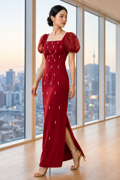 Pearl-Embellished Organza Puff-Sleeve Column Maxi Dress