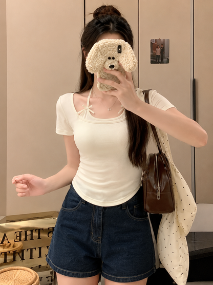 Faux Layered Halter-Neck Bow Padded Tee