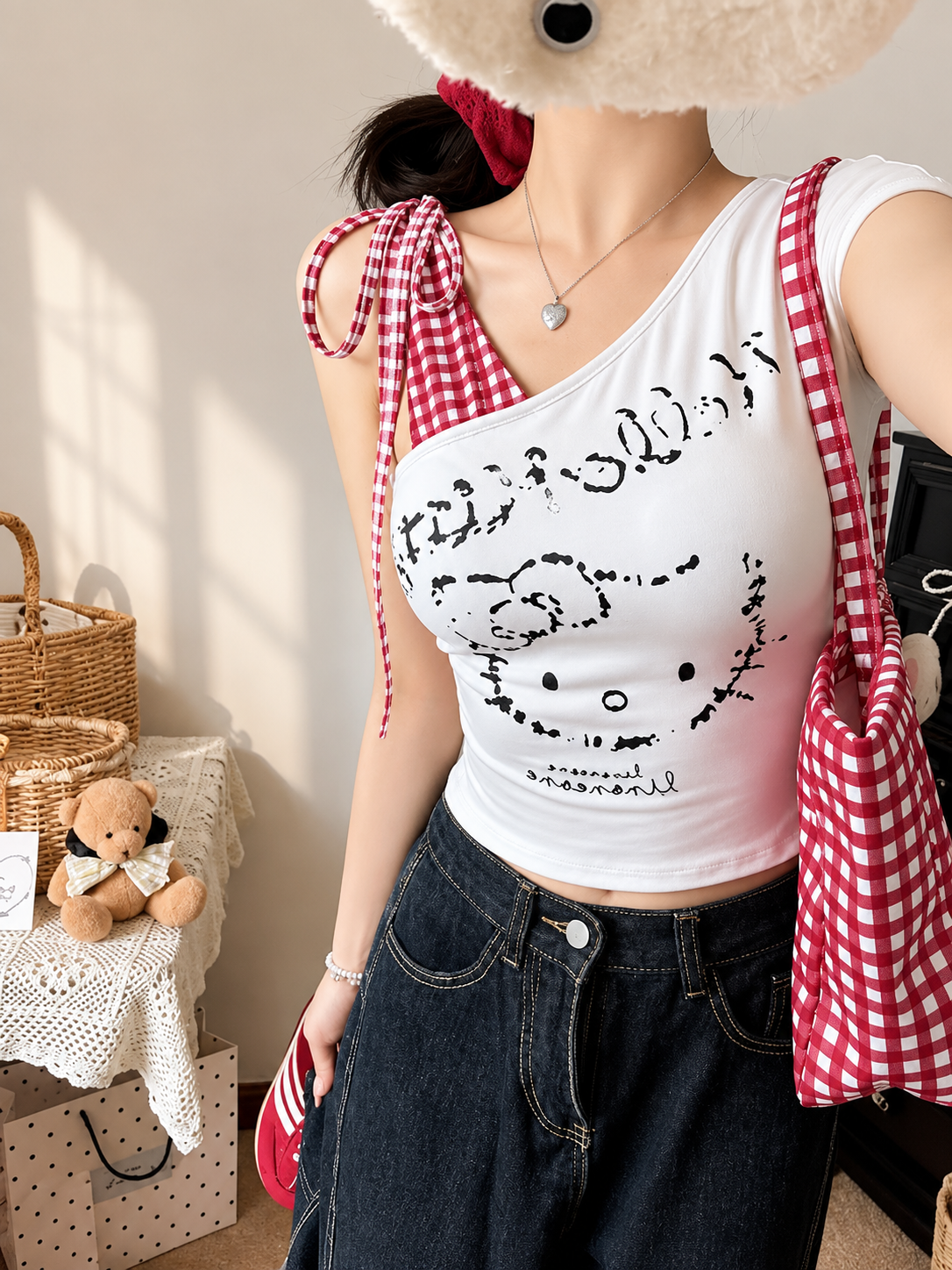 Y2K Layered Asymmetric Cartoon Graphic Padded Tee