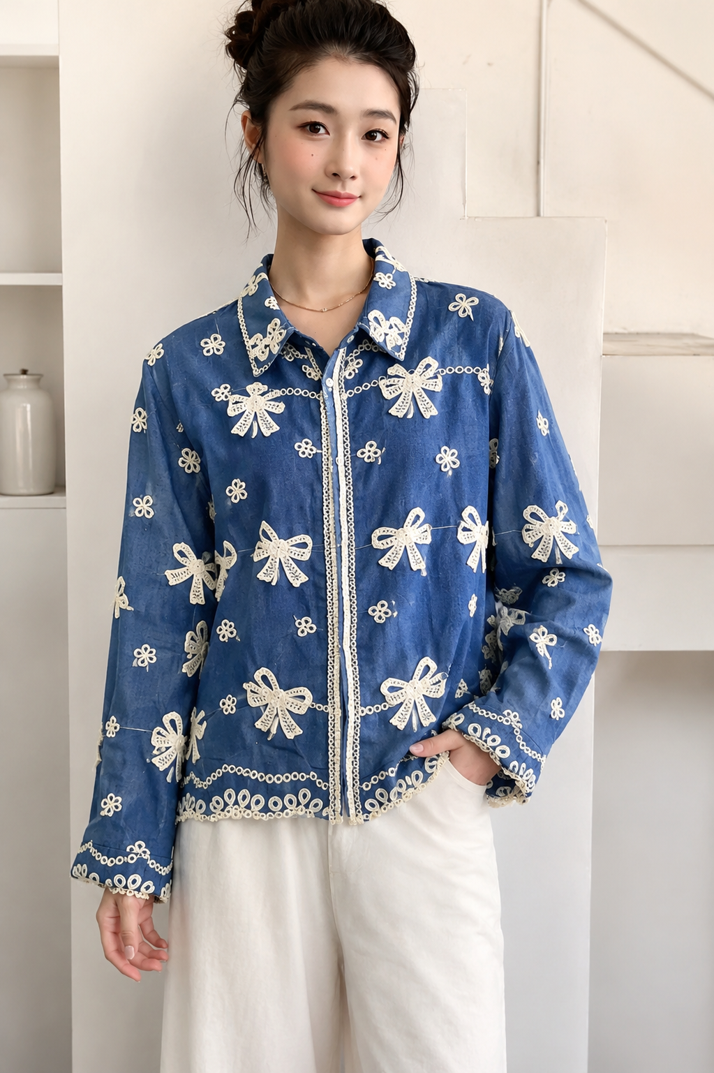 Premium Embroidered Bow Button-Down Shirt