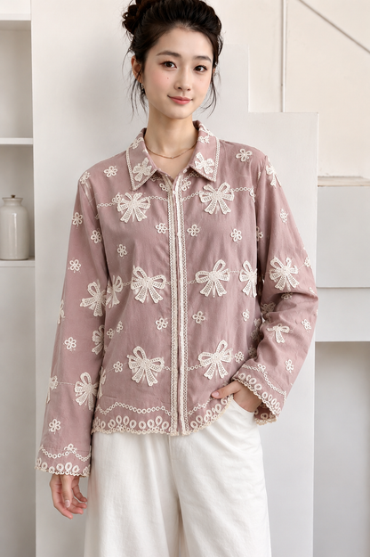 Premium Embroidered Bow Button-Down Shirt
