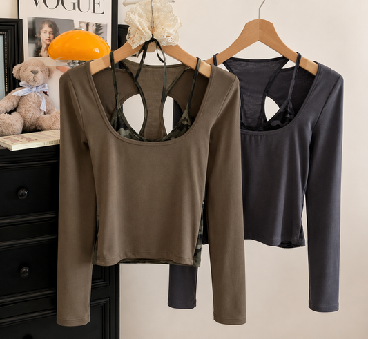 Two-Piece Camouflage Tank & Cutout Long-Sleeve Set