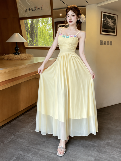 Butterfly Trim Layered Net Maxi Dress