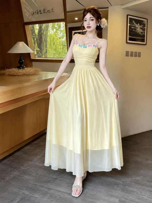 Butterfly Trim Layered Net Maxi Dress