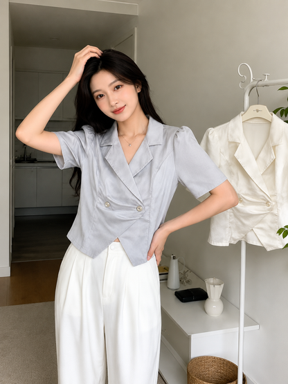 Double-Breasted Asymmetric Hem Short-Sleeve Top