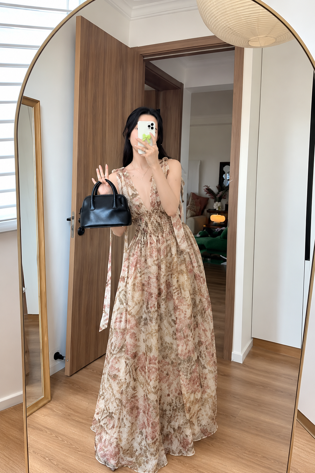 Smocked Waist Watercolor Organza Maxi Dress with Tie Shoulders