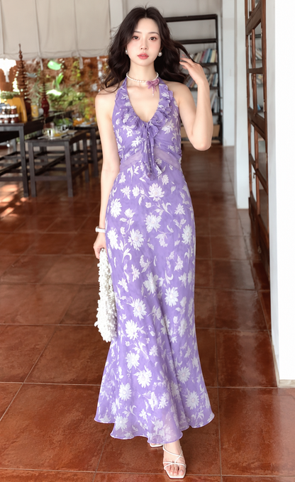 Ruffled Halter Neck Floral Chiffon Maxi Dress