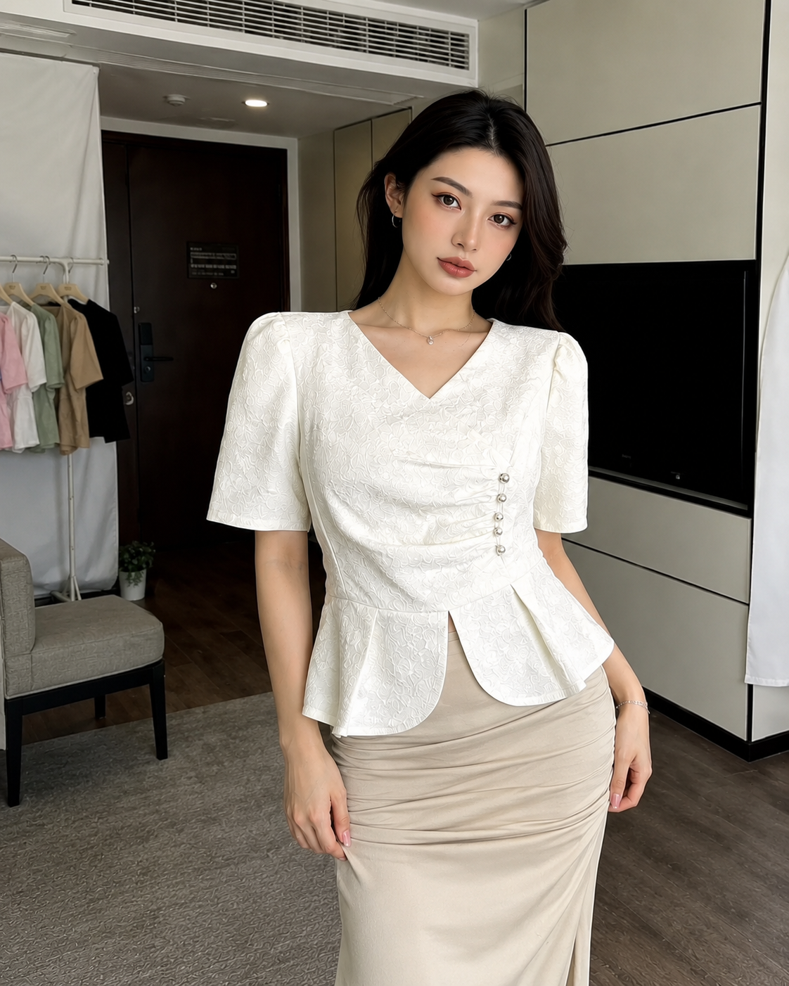 V-Neck Ruched Jacquard Peplum Top