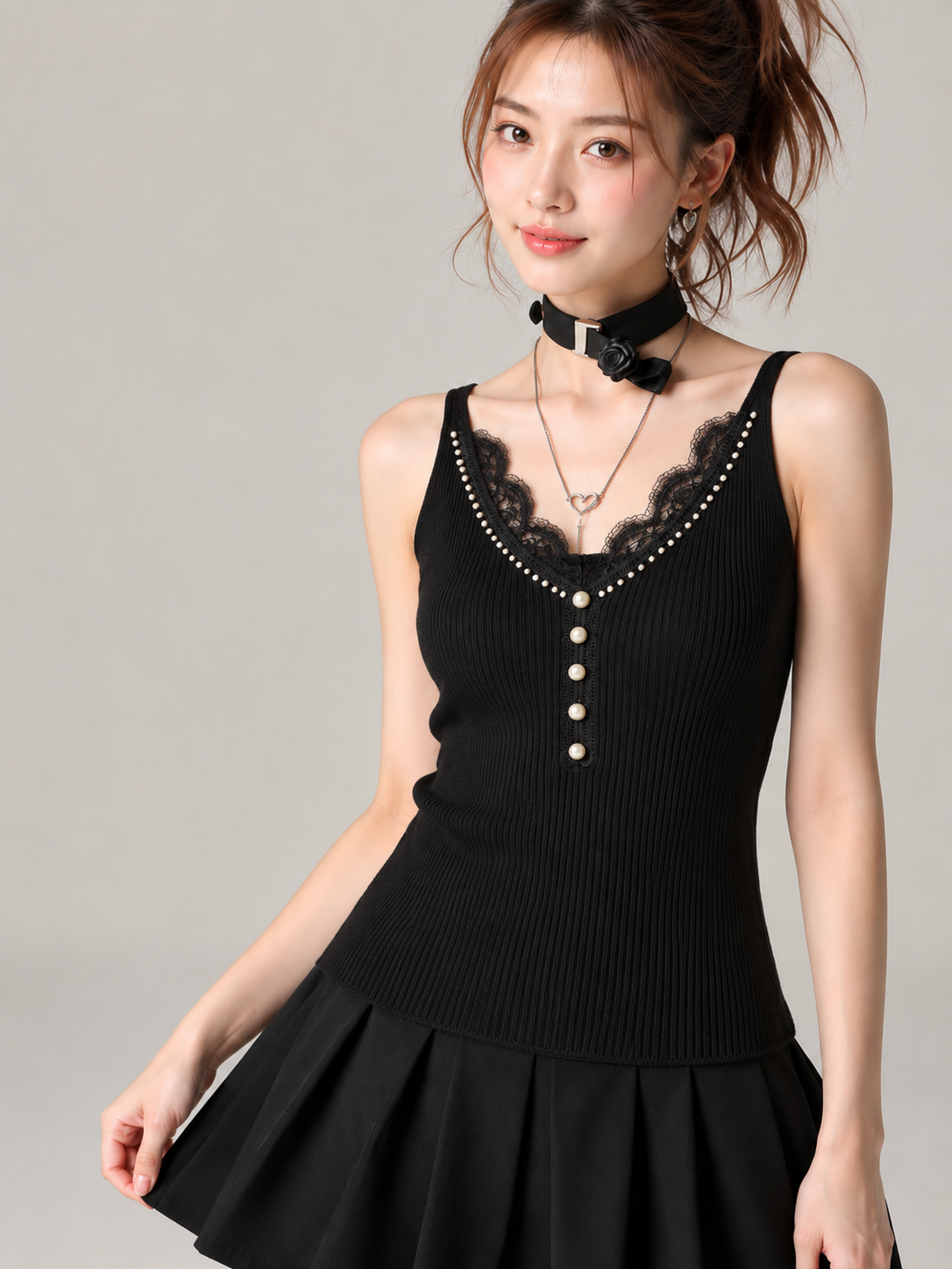 Pearl-Trimmed Lace Henley Ribbed Cami Top