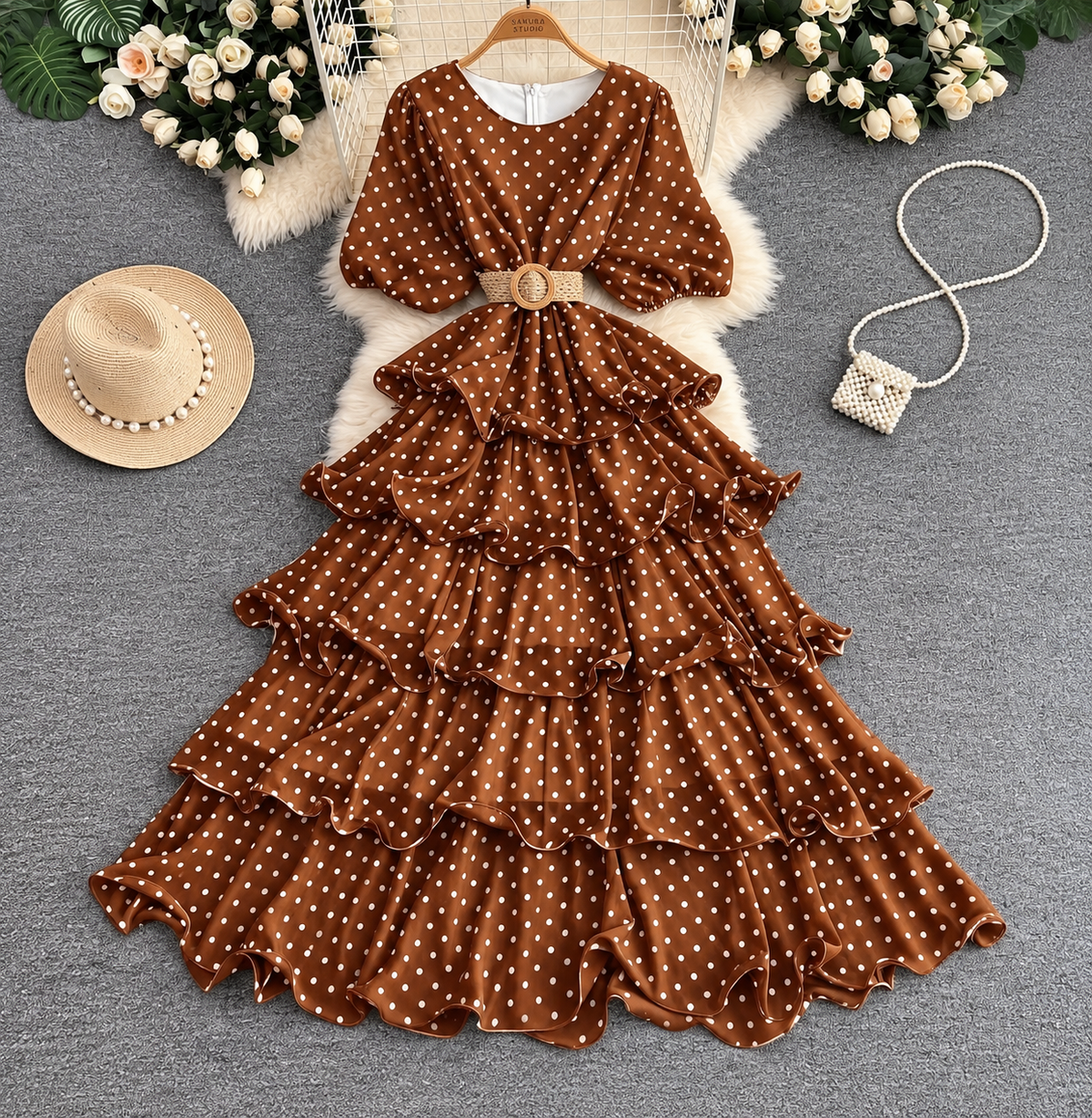 Polka Dot Tiered Ruffle Maxi Dress with Woven Belt