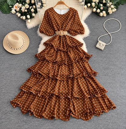 Polka Dot Tiered Ruffle Maxi Dress with Woven Belt