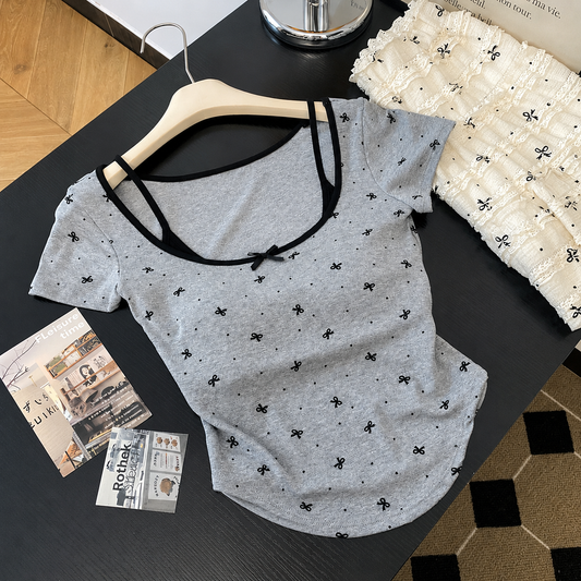 Layered Bow-Print Cami Crop Padded Top