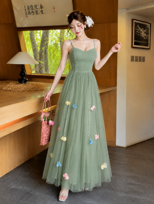 3D Floral Applique Mesh Halter Maxi Dress