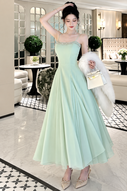 Crystal Beaded Sweetheart Chiffon Maxi Dress
