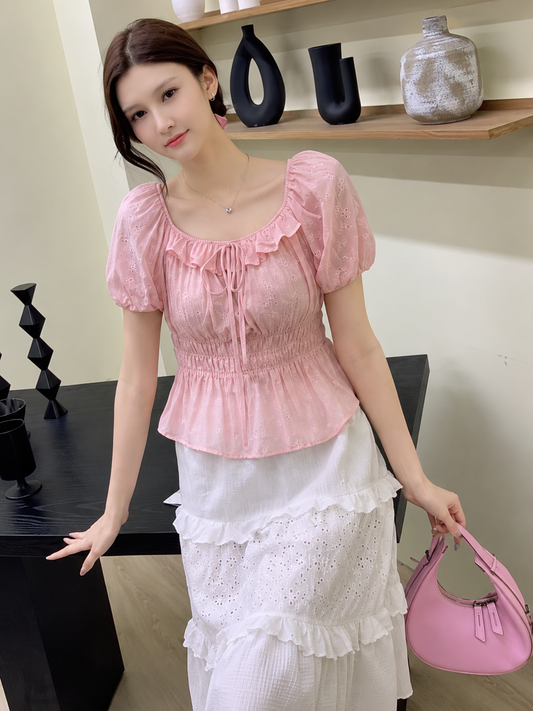 Cotton Ruffled Eyelet Smocked Peplum Top