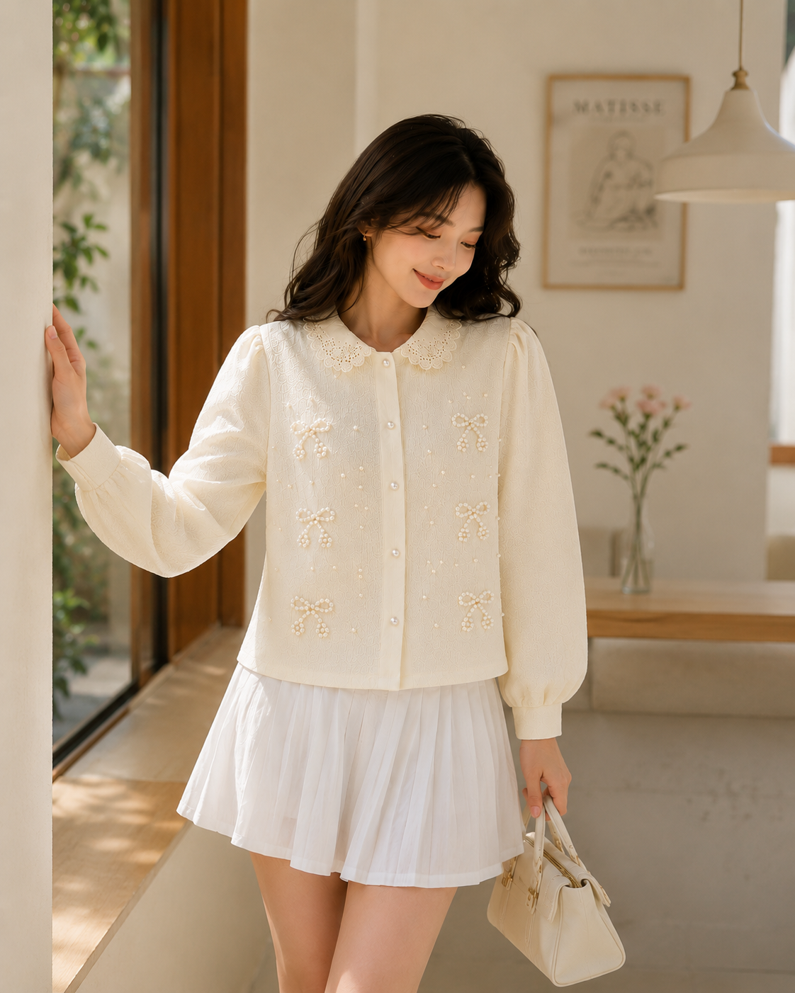 Pearl Bow Lace-Collar Shirt