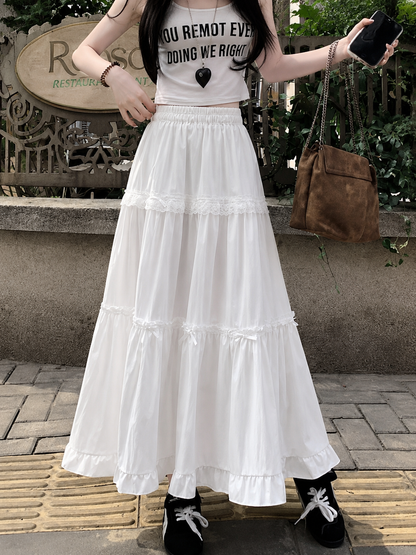 Lace-Trim Tiered Bow Maxi Skirt
