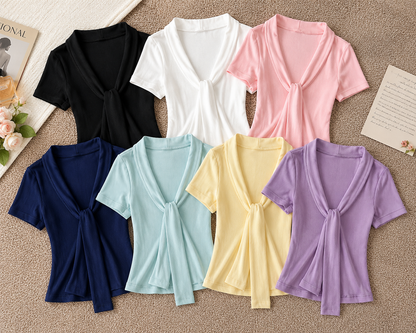 Ribbed V-Neck Tie-Front Top