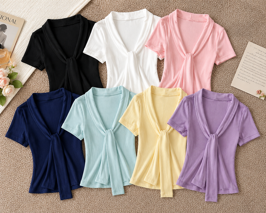 Ribbed V-Neck Tie-Front Top