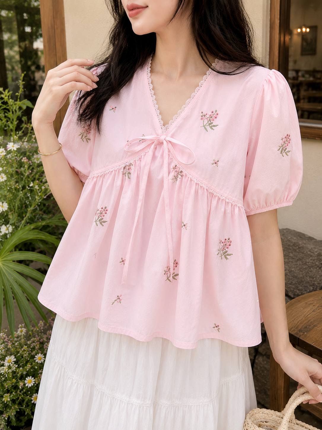 Floral Embroidered Tie-Front Babydoll Top