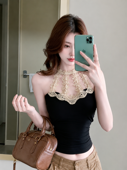 Crochet Lace Cutout Halter Padded Top