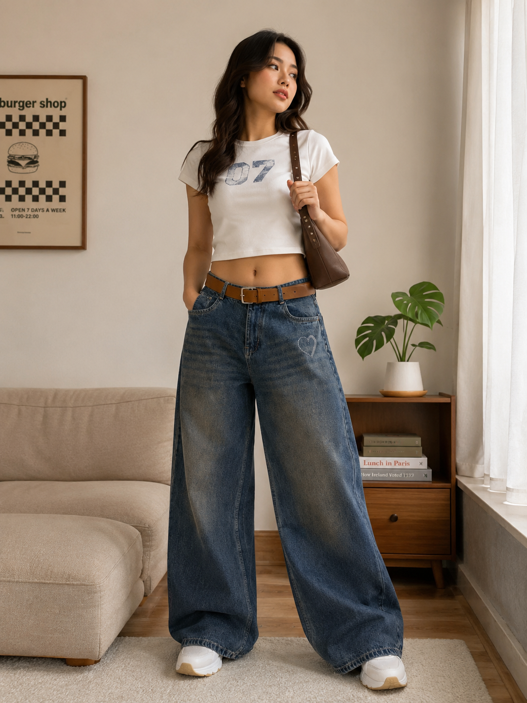 Heart-Rhinestone Vintage Wash Wide-Leg Jeans