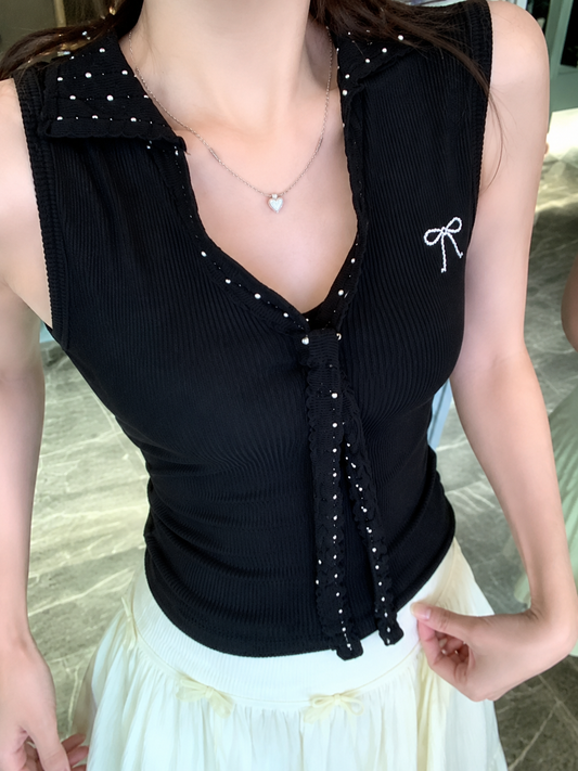 Polka Dot Scalloped Polo Sleeveless Padded Top