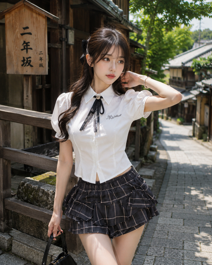 Contrast Collar Puff-Sleeve Blouse and Tiered Ruffle Shorts Set