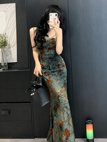 Velvet Bustier Ruched Mermaid Maxi Dress
