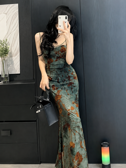 Velvet Bustier Ruched Mermaid Maxi Dress