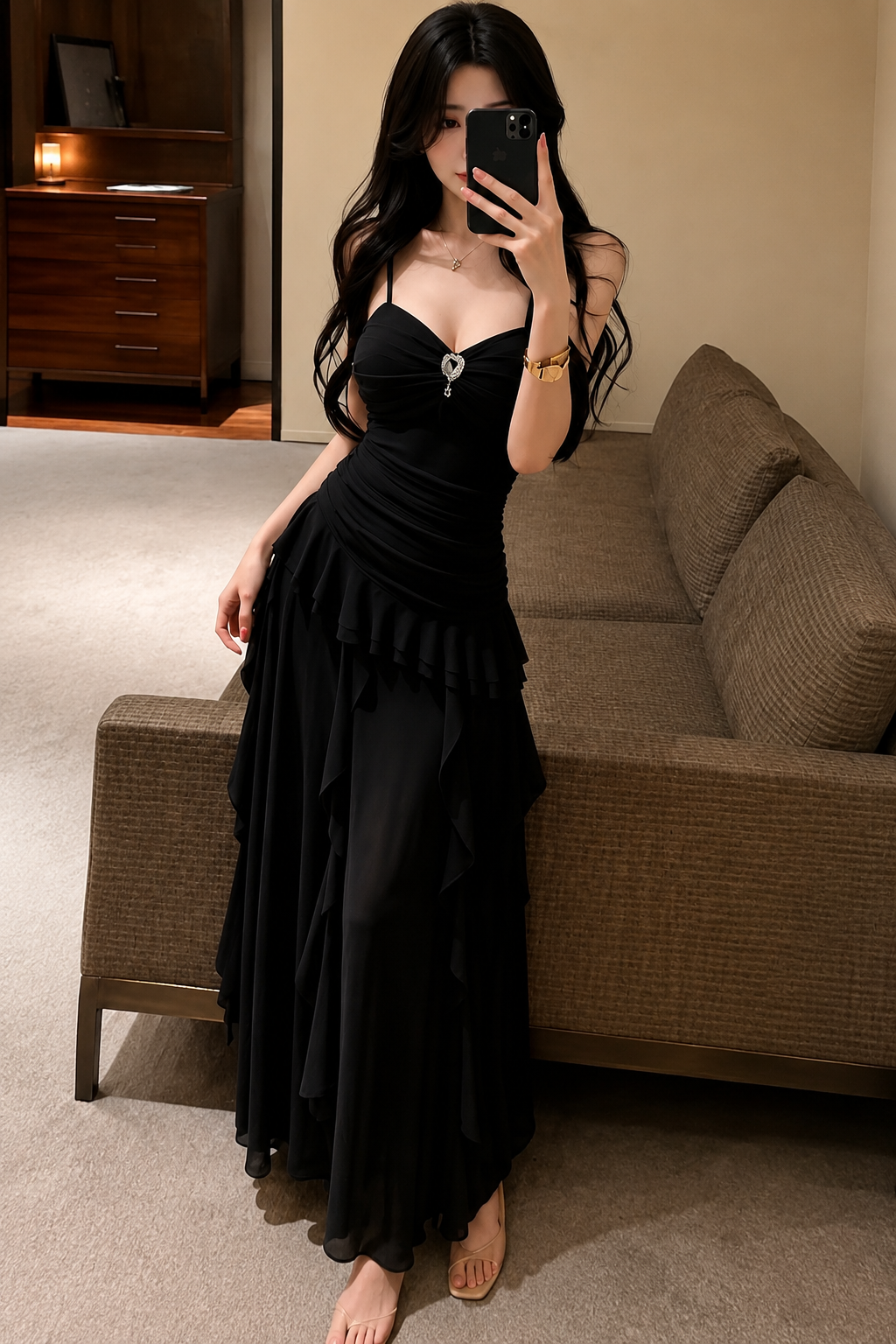 Crystal Brooch Ruched Ruffle Tiered Maxi Dress