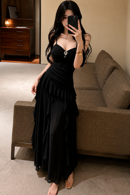 Crystal Brooch Ruched Ruffle Tiered Maxi Dress