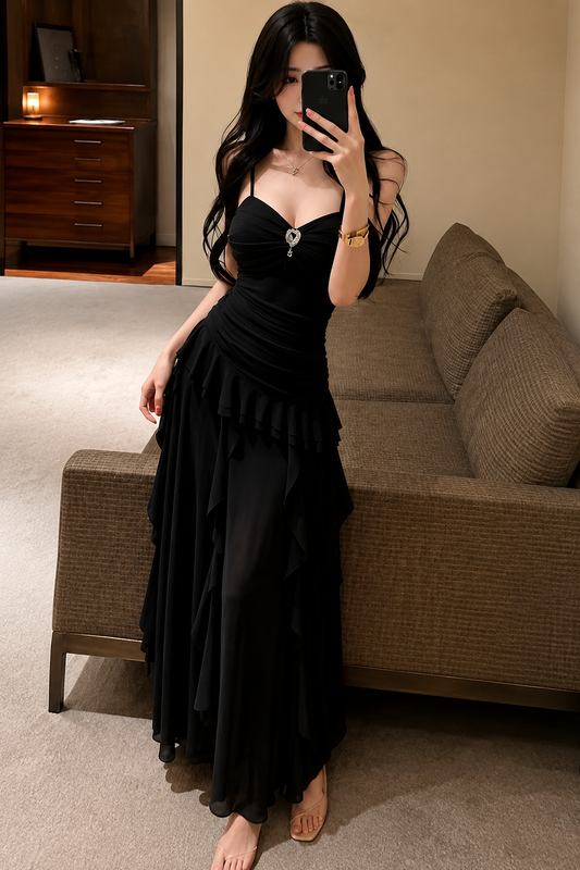 Crystal Brooch Ruched Ruffle Tiered Maxi Dress