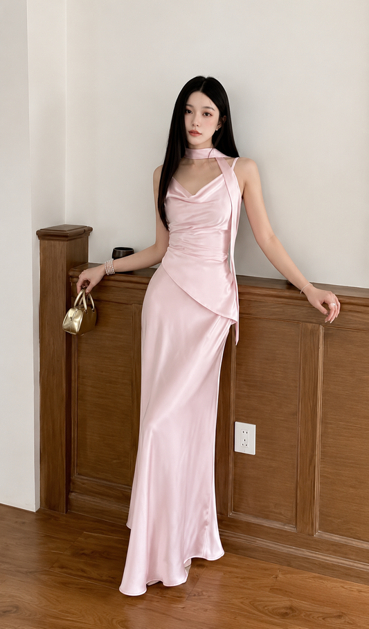 Draped Satin Cowl-Neck Maxi Gown with Scarf