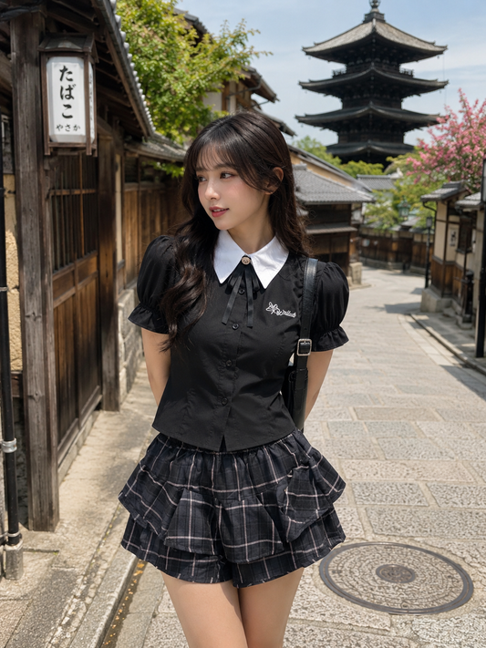 Contrast Collar Puff-Sleeve Blouse and Tiered Ruffle Shorts Set