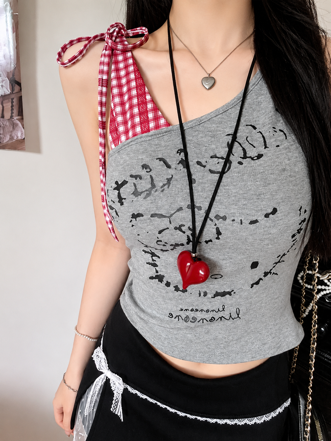Y2K Layered Asymmetric Cartoon Graphic Padded Tee