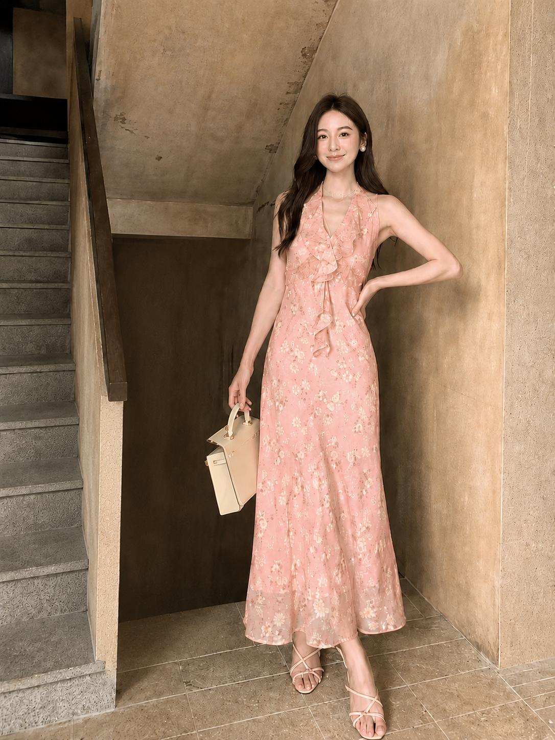 Ruffled Halter Neck Floral Chiffon Maxi Dress