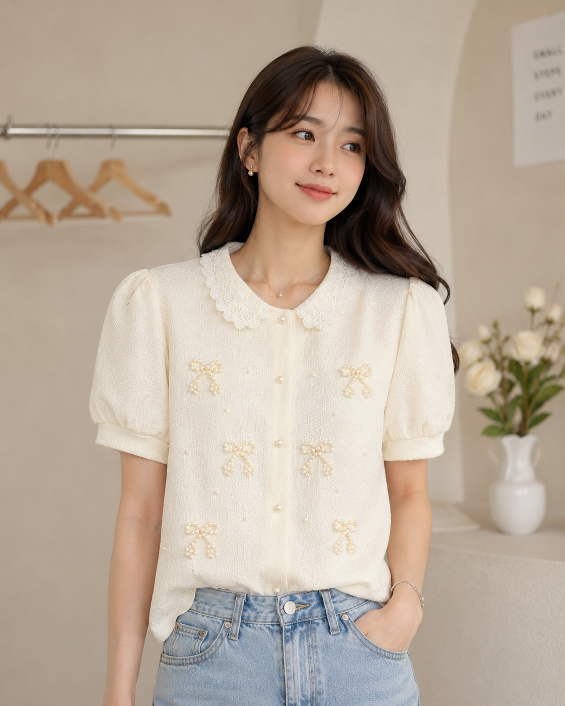 Pearl Bow Peter Pan Collar Puff Sleeve Shirt