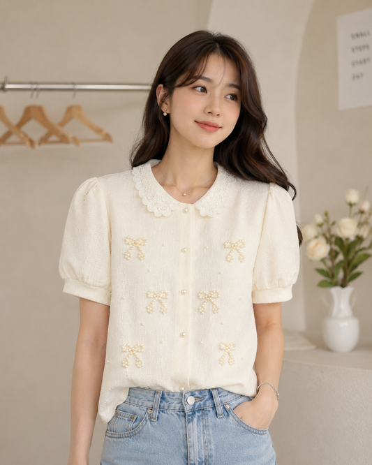 Pearl Bow Peter Pan Collar Puff Sleeve Shirt