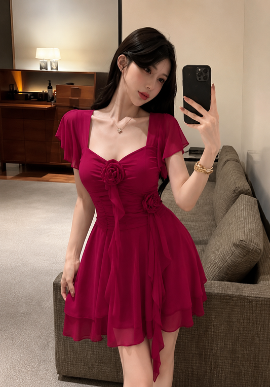 3D Rosette Flutter-Sleeve Powernet Mini Dress