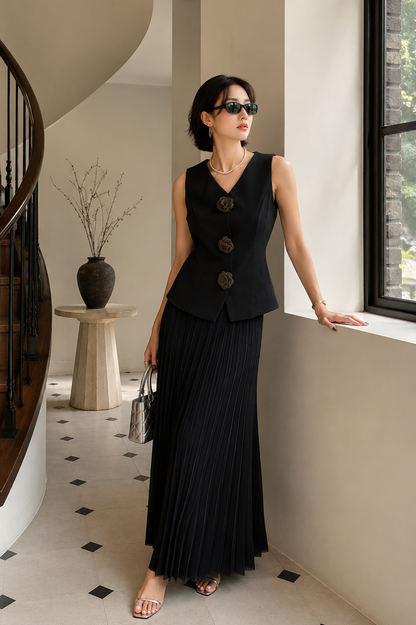 3D Rosette Button Tailored Waistcoat and Pleated Maxi Skirt Set