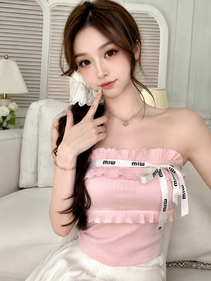 Ruffled Typography-Ribbon Tube Top